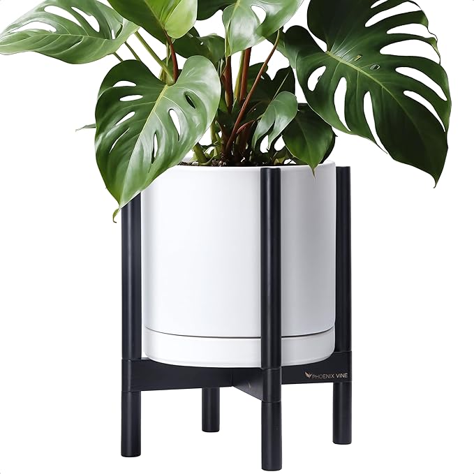 D'vine Dev Ceramic Planter with Ebony Stand - 12 Inch Modern Round Flower Pot with Wood Planter Holder, White, 55-B-H-1-Ruum Studio Home