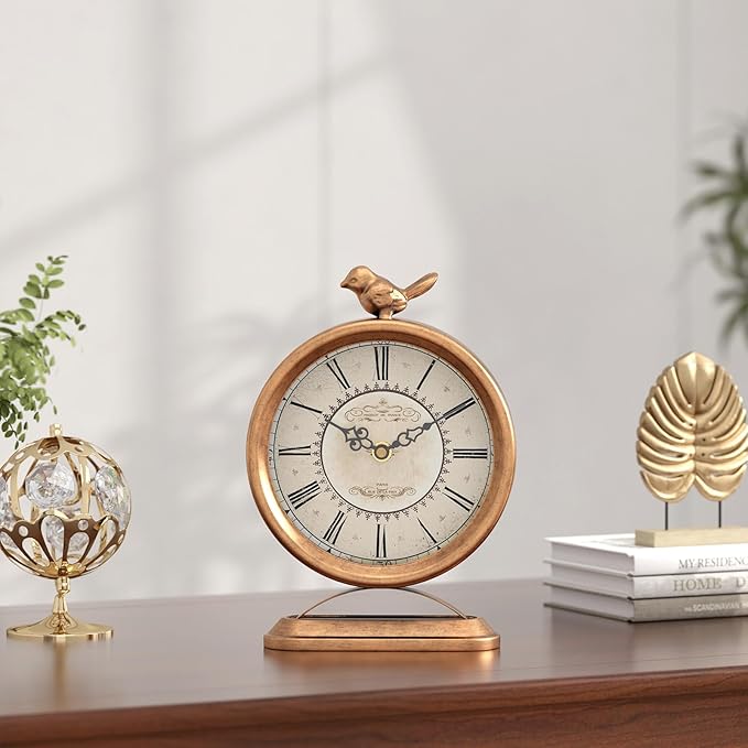 Vintage Table Clock with Bird, European Antique Style Gold Mantel Clocks, Desk and Shelf Decor Clock, for Farmhouse, Bedside, Living Room, Bedroom, Gift (9" H x 6.5" W)-Ruum Studio Home