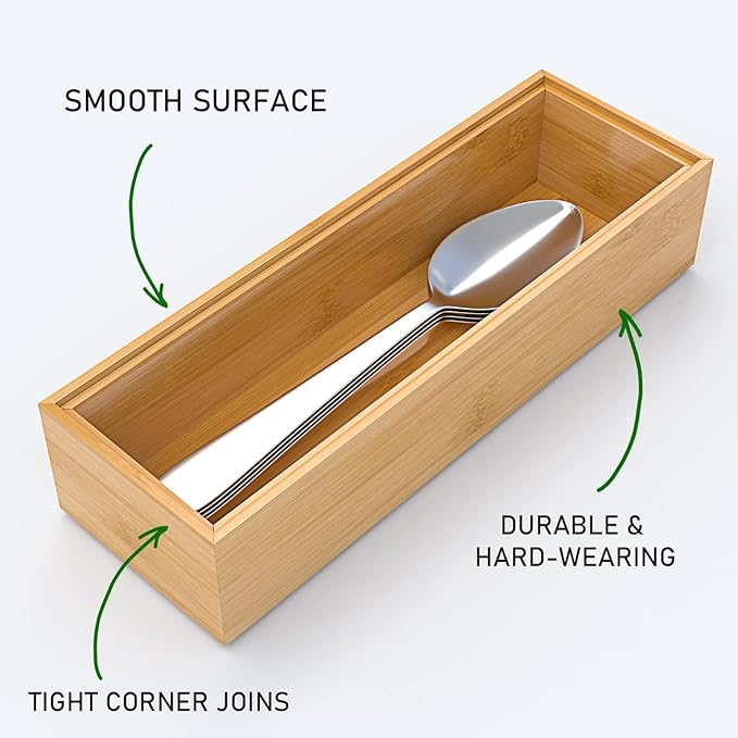 Silverware Tray for Drawer, Stackable Kitchen Bamboo Drawer Organizer 9" x 3" x 2" Set of 2-Ruum Studio Home