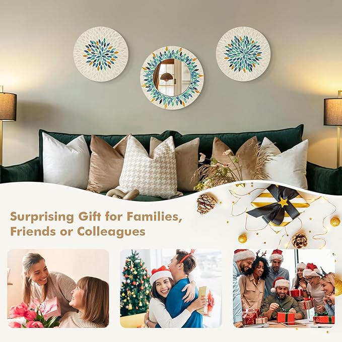 TEIPAI Jewel-Tone Mother of Pearl Mirror Wall Decor for Living Room, 3PCS Handmade Round Wall Art for Home Guest Room Decoration, Unique Mosaic Art Gift for Birthday Wedding Housewarming (Colored)-Ruum Studio Home