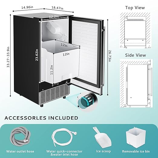 EUHOMY 15" W Commercial Under Counter Ice Maker Machine, 90 Lb/Day Auto-Cleaning & 24H Timer, Gravity Drainage,Stainless Steel Built-in Freestanding Ice Maker, 24 Lb Bin, Ideal for Commercial & Home-Ruum Studio Home