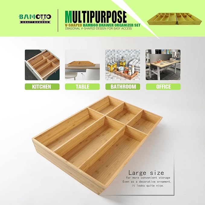 V-Shaped Extra Large Bamboo Drawer Organizer Set of 2, Kitchen Cutlery Tray Utensil Plate, Flatware&Silverware Storage Box, Wood Organizer for Bedroom, Living Room (19.6"x14.6" & 19.6"x12.4")-Ruum Studio Home
