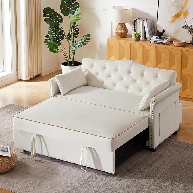 58" Velvet Sofa Bed, 3-in-1 Convertible Pull-Out Sleeper Sofa & Couch with Storage Bag and Adjustable Backrest,Perfect for Small Spaces, Living Room, or Office-Ruum Studio Home