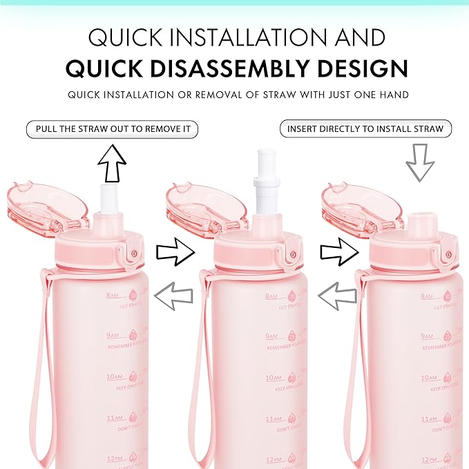 32oz Motivational Water Bottles with Time Marker & Fruit Strainer, Transparent Gradient Color Water Bottle with Times to Drink, Leakproof & BPA Free, Reusable Bottle with Strap (No Straw)-Ruum Studio Home