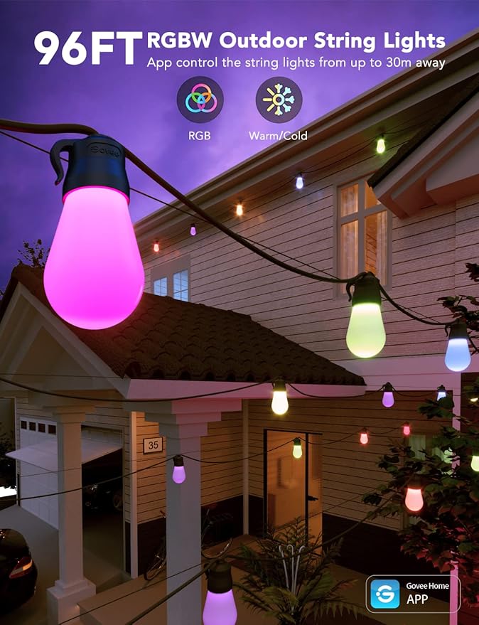 Govee Smart Outdoor String Lights H7016, 96ft RGBIC Outdoor Lights with 30 Dimmable LED Bulbs, IP65 Waterproof, Color Changing Warm White Lights with 47 Scene Modes for Patio, Backyard, App Control-Ruum Studio Home