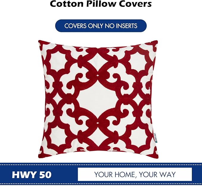 HWY 50 Red Decorative Throw Pillow Covers 18x18 Inch (1 Piece), Embroidered Cotton Farmhouse Cushion Cover Pillow Case for Sofa Couch Living Room Bed, Geometric-Ruum Studio Home