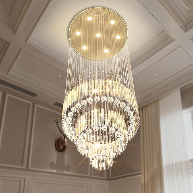 Flashing God D24''XH86'' Modern Foyer Chandelier for High Ceiling Raindrop Crystal Chandelier High Ceiling Pendant Light Fixture for Hallway Living Room (Gold Staircase Chandeliers)-Ruum Studio Home