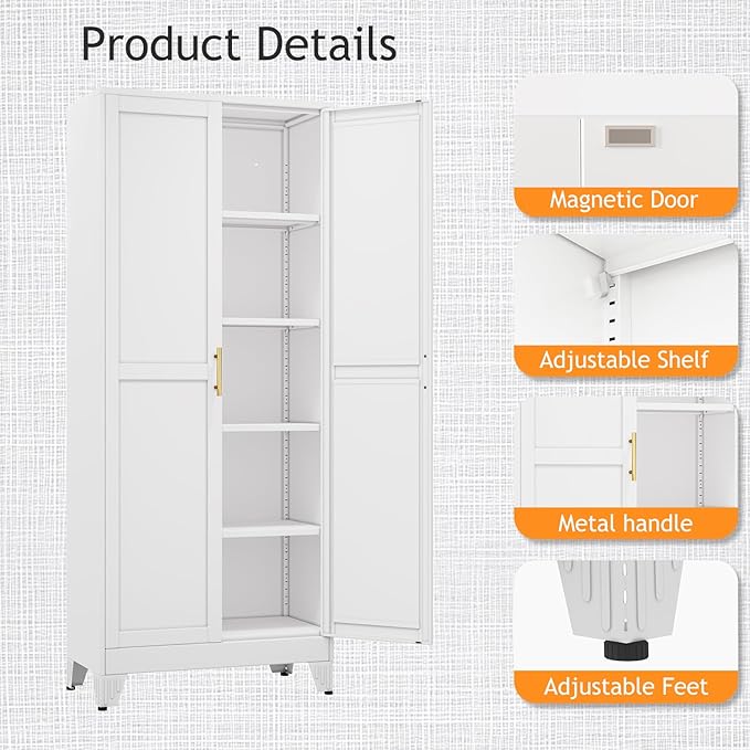 71" Tall Metal Pantry Storage Cabinet with Doors and 4 Adjustable Shelves, White Kitchen Food Pantry Cabinets, Tall Freestanding Cupboard for Kitchen, Dining Room or Living Room-Ruum Studio Home