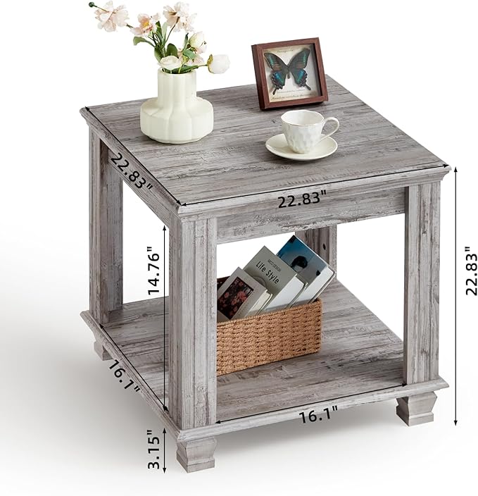 Farmhouse End Table,Large Side Table with 2-Tier Storage Shelf,Rustic Wood End Tables for Living Room,Square Tea Table,Gray-Ruum Studio Home