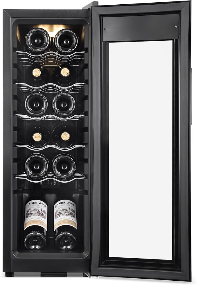 Wine Cooler Refrigerator 12 Bottles, Small Wine Fridge Mini Wine Fridge Countertop with Glass Door Wine Cellars for Red Wine, Champagne, Dry White Wine, Sparkling Wines-Ruum Studio Home
