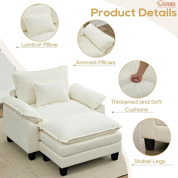 URRED Modular Sectional Sofa Comfy Cloud Couch, Modern Chenille Sofa Sleeper Deep Seat Couches with Ottoman/Pillows for Living Room (White, 53''- Ottoman)-Ruum Studio Home