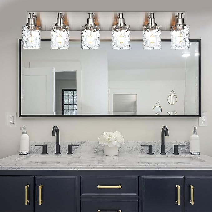 BONLICHT Vanity Light Fixture Brushed Nickel 6-Light Modern Farmhouse Wall Sconce Bathroom Lighting with Hammered Glass Industrial Wall Mount Lights for Kitchen Dining Room Cabinet Corridor-Ruum Studio Home