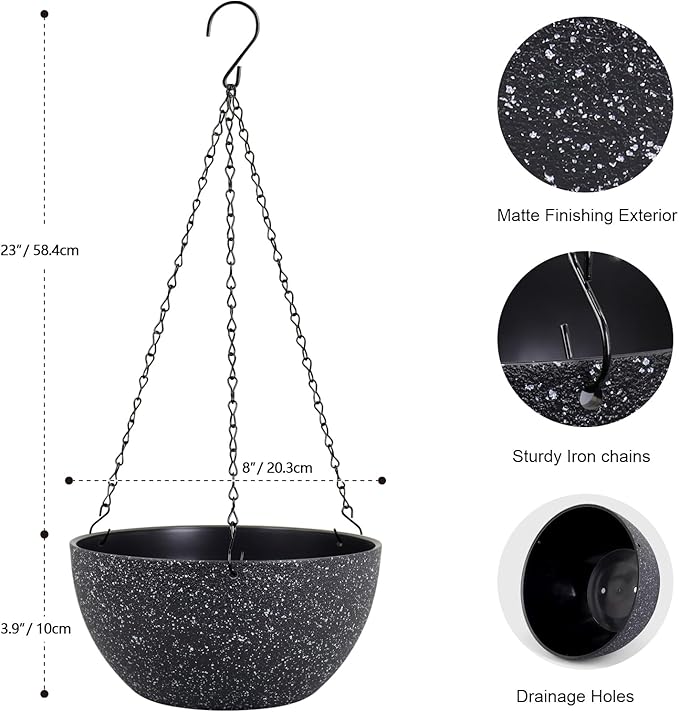 8 inch Small Hanging Planters for Indoor Outdoor Plants, 2 Pack Hanging Flower Plant Pots with Drainage Holes and Chain for Porch, Plastic Hanging Baskets for House Plants, Speckled Black-Ruum Studio Home