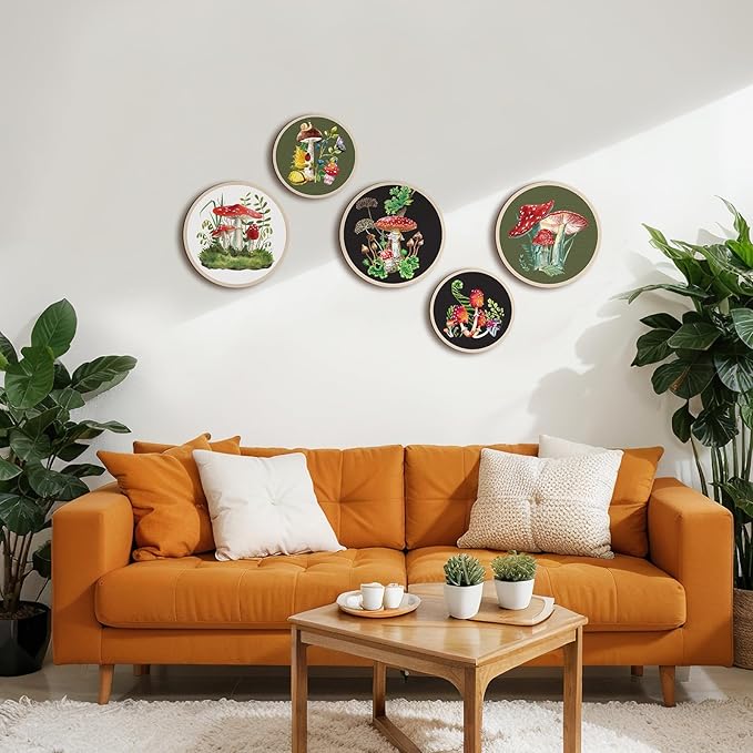 Qunclay 5 Pcs Wall Art Decor Wooden Living Room Wall Decor Bohemian Hanging Farmhouse Geometric 10'' and 8'' Aesthetic Wood Minimalist Posters for Bedroom(Mushroom)-Ruum Studio Home