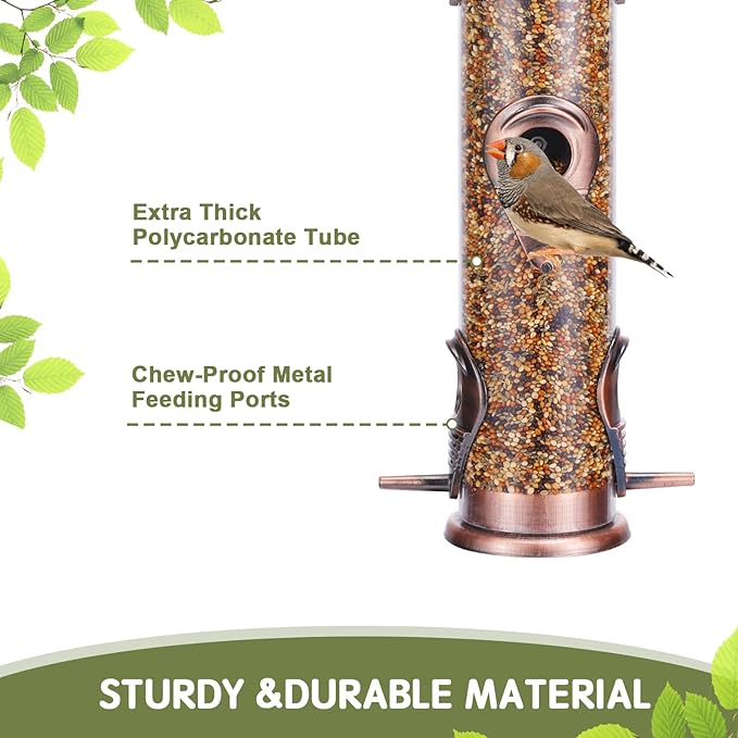 MIXXIDEA 2PK Metal Wild Bird Feeder Squirrel Proof for Outside Hanging - 6 Port Tube Transparent Finch Feeder With Steel Hanger (Antique Copper)-Ruum Studio Home