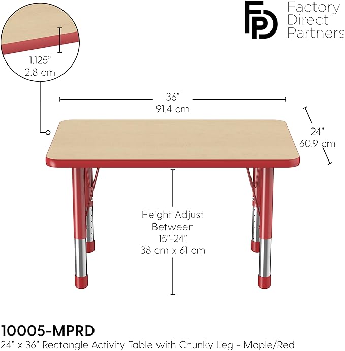 FDP Rectangle Activity School and Classroom Kids Table (24 x 36 inch), Chunky Toddler Leg, Adjustable Height 15-24 inches - Maple Top and Red Edge-Ruum Studio Home