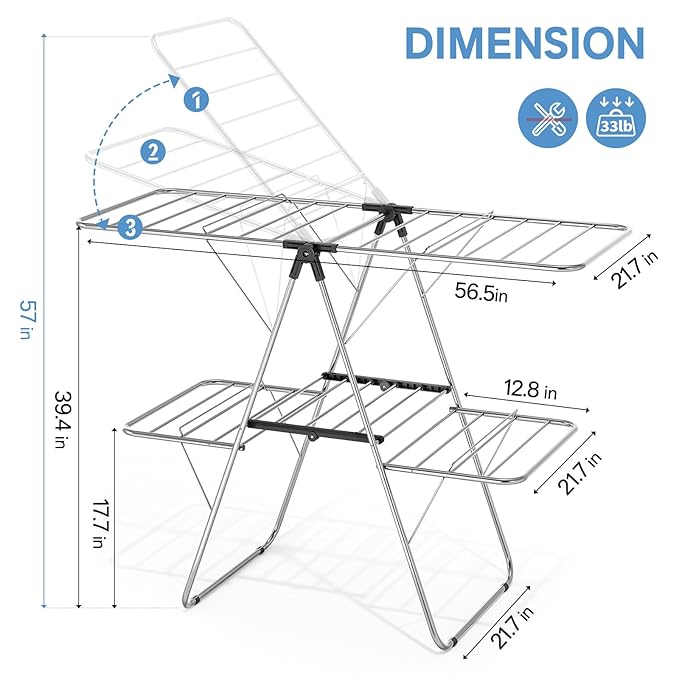 APEXCHASER Clothes Drying Rack with 4 Wings, Drying Rack Clothing with Height-Adjustable, Foldable Gullwings Laundry Drying Rack, Indoor Outdoor Use, No Assembly, Black-Ruum Studio Home