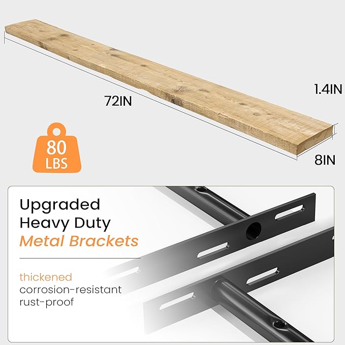 Fun Memories Floating Shelves for Wall Decor, 72"x8" Rustic Reclaimed Wood Shelves, Heavy-Duty Wall Mounted Shelves with Invisible Brackets for Living Room, Bedroom, Kitchen, Natural Finish-Ruum Studio Home