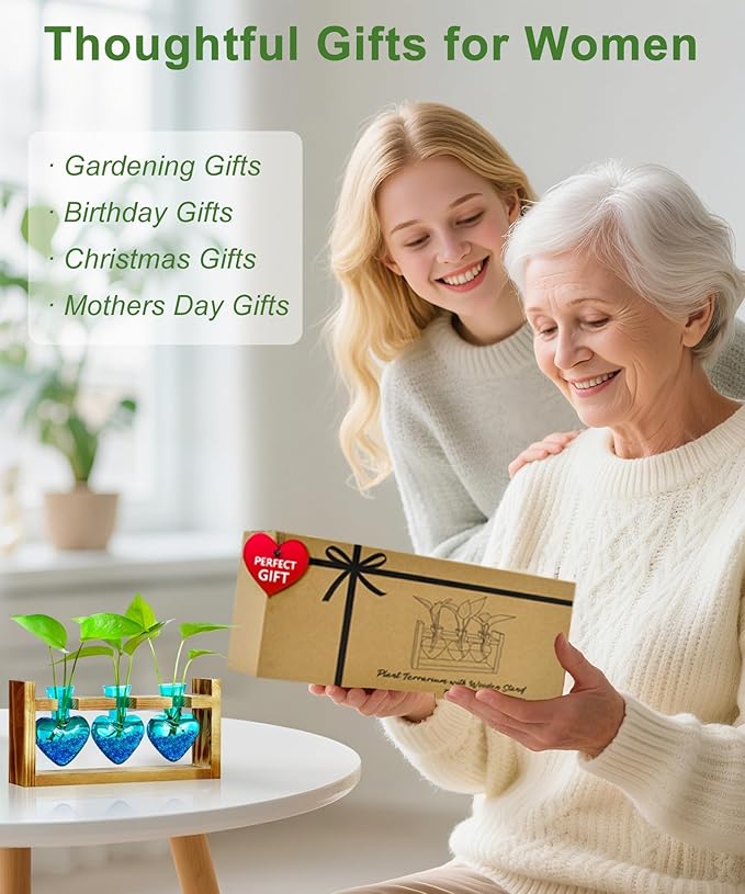 Nacome Plant Terrarium for Office Decor: Birthday Gifts for Plant Lovers Women Mom Wife - Wooden Stand Tabletop Planter 3 Bulb Glass Vase Heart Shaped for Hydroponics Indoor Home-Ruum Studio Home