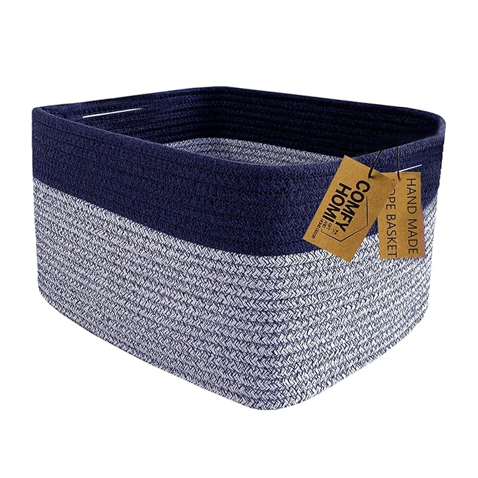 COMFY-HOMI Rectangular Cotton Rope Basket With Handles for Shelves|Dog Toy|Baby Gift - Dark Blue (13.5" x 11" x 9.5")-Ruum Studio Home