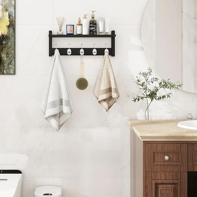 Homode Wall Coat Rack With Shelf, Wood Entryway Hanger With Hooks, Small Floating Pegs for Hanging Coats, Hats, Purses, Backpacks, Black-Ruum Studio Home