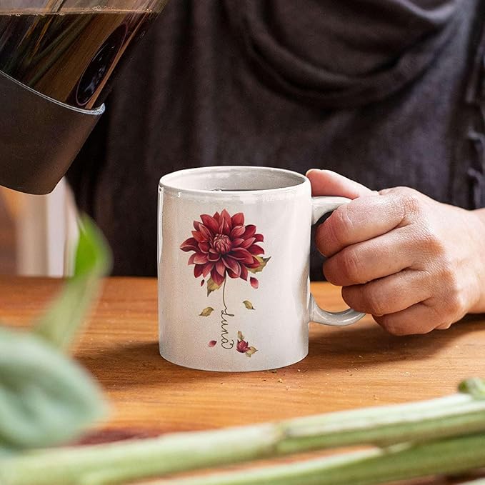 Dahlia Flower Design Coffee Mug, Personalized Name On Red Floral Cup, Custom Ceramic Mug For Flower Lovers, Customized Dahlia Accent Cup 11oz Or 15oz, Floral Decorative Mug Gift-Ruum Studio Home