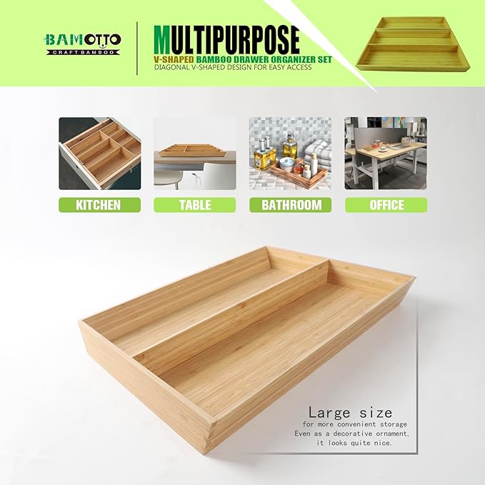 2-Piece V-Shaped Bamboo Drawer Organizer - Ideal for Kitchen's Large Long Tableware, Cooking Utensils, Flatware, Silverware - Wood Storage Box for Home, Bedroom, Bathroom (19.6"x12.4" & 19.6"x7.8")-Ruum Studio Home