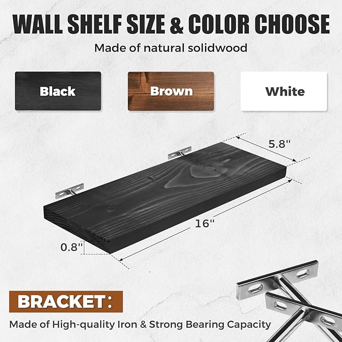 Floating Wall Shelves 4-Pack - Rustic Black 16-inch Wooden Wall Shelves for Storage and Décor, Multi-Functional and Easy to Install for Living Room, Bedroom, and Kitchen-Ruum Studio Home