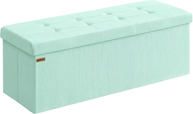 SONGMICS MAZIE Collection - Storage Ottoman Bench, Foldable Foot Rest, 15 x 43 x 15 Inches, End of Bed Bench, Storage Chest, Load 660 lb, Living Room, Bedroom, Entryway, Moonlight Green ULSF604C01-Ruum Studio Home