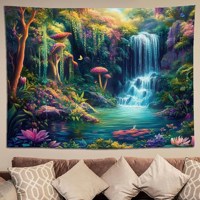 keowhsf Forest Waterfall Tapestry with Mushrooms and Flowers – Colorful Floral Plants Natural Landscape Wall Art, Fantasy Aesthetic Wall Hanging for Bedroom Decor-Ruum Studio Home