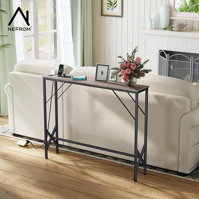 Console Table, Skinny Entryway Table with Fast-Charging Station, Narrow Long Sofa Table, Behind Slim Couch Table for Entrance, Hallway, Living Room Decor ST-GY100-1-Ruum Studio Home