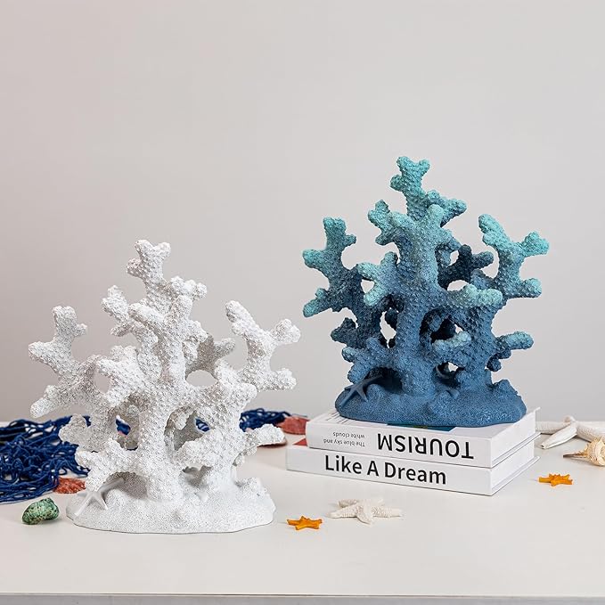 7.1" H Blue Coral Decor, Resin Coral Statue, Nautical Decorations for Home, Bedroom, Bathroom, Living Room, Beach/Coastal/Ocean Themed Cabinet Shelf Tabletop Decor-Ruum Studio Home