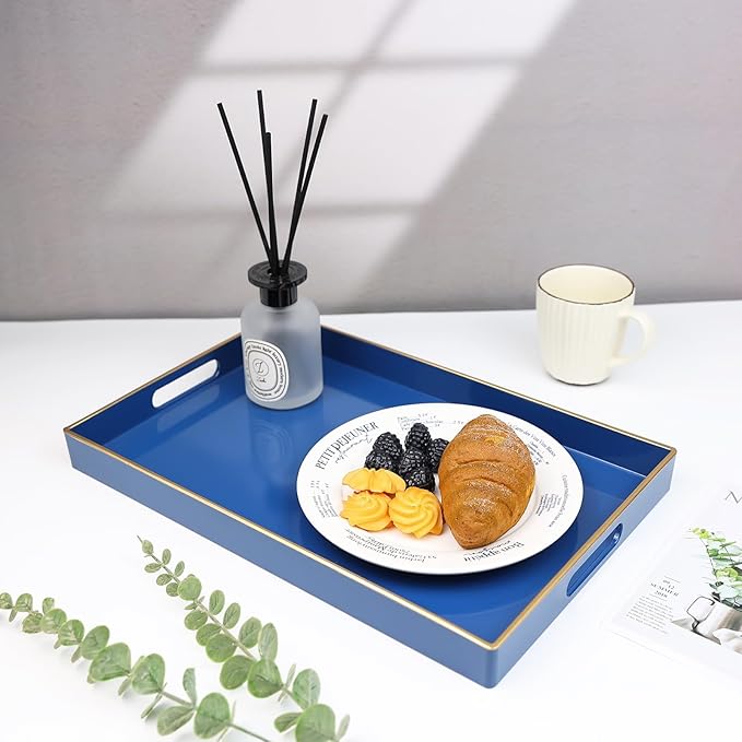Spsyrine Blue Decorative Serving Tray with Handles, Elegant Plastic Coffee Table Tray for Ottoman, Living Room, Home Decor 15.6" X 10.2"-Ruum Studio Home