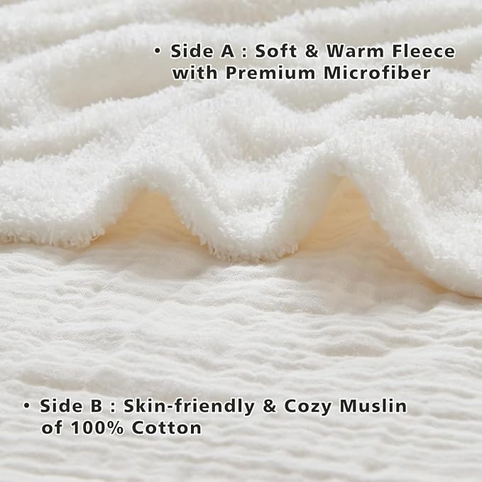 EMME Muslin and Fleece Twin Blanket Reversible - 60"*80" Cream Soft Warm Throw Blankets for Couch Bed Picnic Travel Bed-Ruum Studio Home