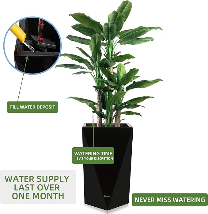 Dexceder 20 Inches Tall Self Watering Planter Diamond High Gloss Indoor Outdoor, Thickened Rhombus Large Floor Standing Flower Plant Pot with Water Level Indicator (Black)-Ruum Studio Home