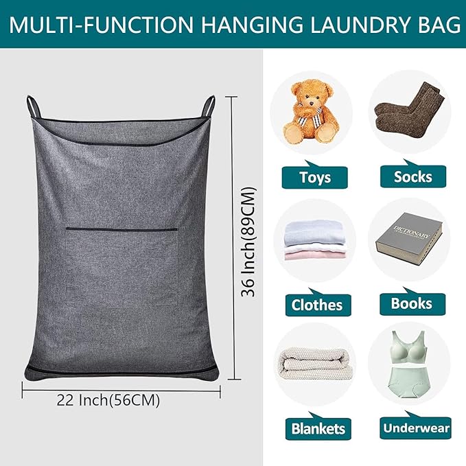 Hanging Laundry Hamper,Door Hanging Hamper with Width Opening, Over the Door Laundry bag with hooks, Laundry Collector and Over Door Storage Bag (36x22 Inch,Pop Grey)-Ruum Studio Home