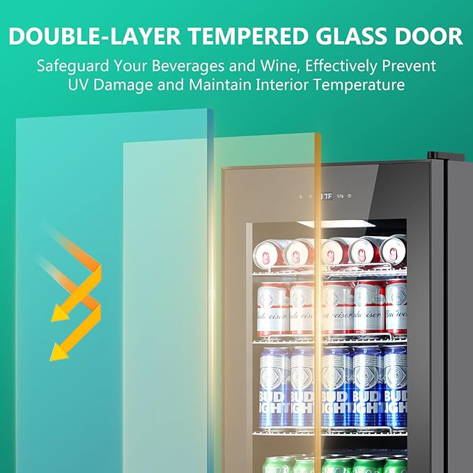 101 Cans Compressor Beverage Refrigerator, 17 Inch Drink Fridge with Glass Door, Adjustable Removable Shelves, Quiet Operation, Temp Memory, Beer Cooler for Soda, Beer, Water, Home Bar, Office-Ruum Studio Home
