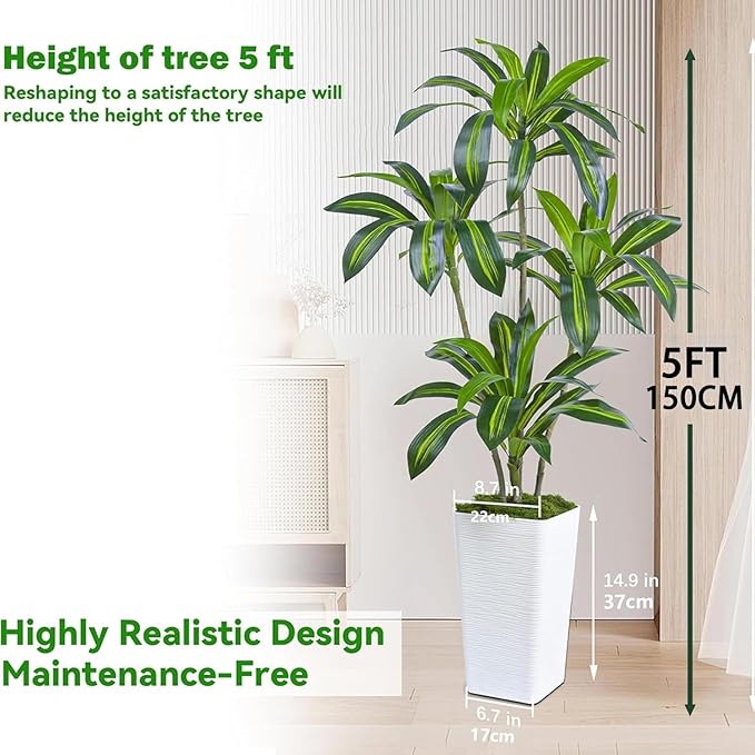 Artificial Dracaena Tree Artificial Silk Tree Faux Tree Fake Tropical Yucca Floor Plant with White Tall Planter (1, White Tall Planter, 5FT)-Ruum Studio Home