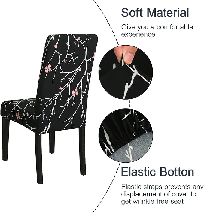 JQinHome Pattern Chair Covers for Dining Room Set of 6, High Stretch Removable Washable Parsons Chair Slipcover for Home Party Hotel Wedding Ceremony (Flourish Black,6PCS)-Ruum Studio Home