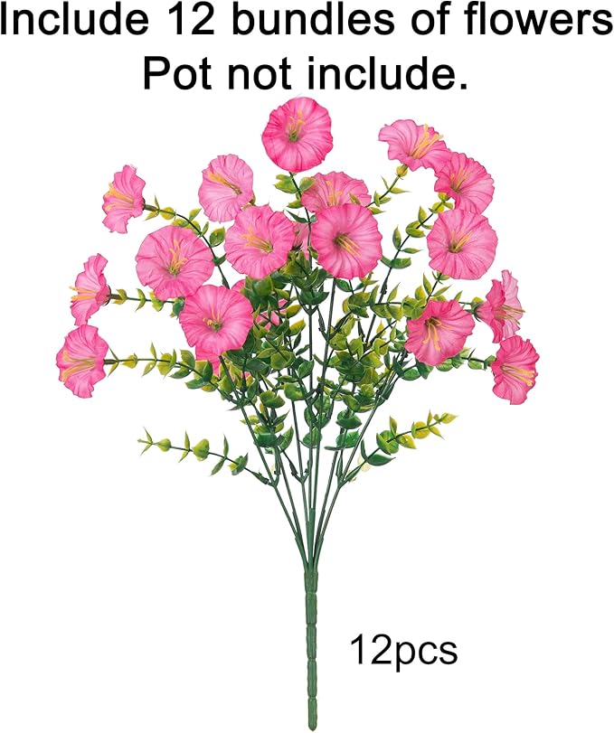Artificial Flowers for Outdoors Fake Plants Outside Decoration, 12 Bundles Silk Pink Morning Glory with Eucalyptus UV Resistant Look Real Faux Flowers for Planter Front Door Yard Gardens Home-Ruum Studio Home