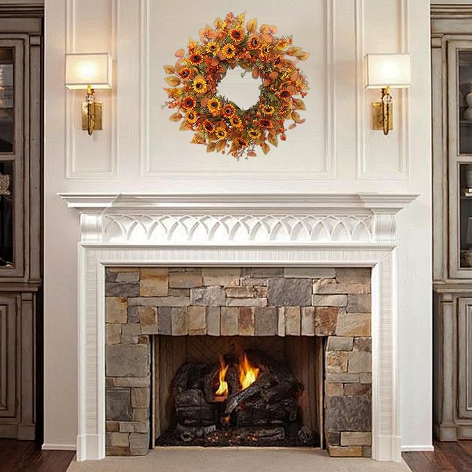 22 inch Artificial Fall Wreaths for Front Door,Autumn Wreath with Eucalyptus Leaves and Chrysanthemum Suitable for Indoor Outdoor Harvest Festival Thanksgiving Day Farmhouse Holiday Decor.-Ruum Studio Home