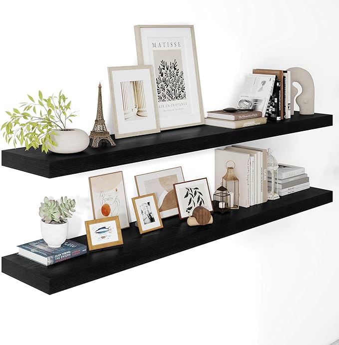 Black Floating Shelves for Wall 55 Inches Long, 12" Deep Wall Shelves 2" Thick, Heavy Duty Shelf for Bedroom, Bathroom, Living Room, Kitchen, Office, Home Decor, Modern Shelf Set of 2, 55" X 12" X 2"-Ruum Studio Home