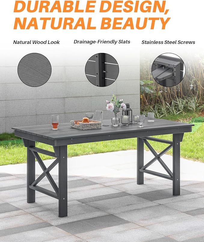 HDPE Outdoor Dining Table, 66.9” Rectangle Patio Dining Table for 6, All-Weather HDPE Outdoor Table with 2.2” Umbrella Hole, HDPE Patio Furniture for Deck, Backyard, Garden, Pool, Smoke Gray-Ruum Studio Home