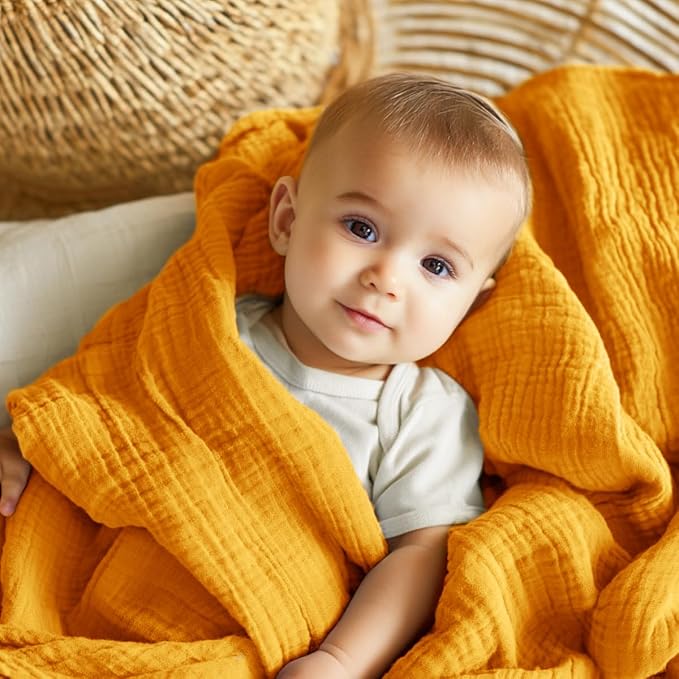 EMME Muslin Baby Blankets 100% Cotton 4-Layer Swaddle 40"x50" Lightweight Soft Breathable for Toddler, Infant, Newborn All Season Gauze Blanket, Mustard Yellow-Ruum Studio Home