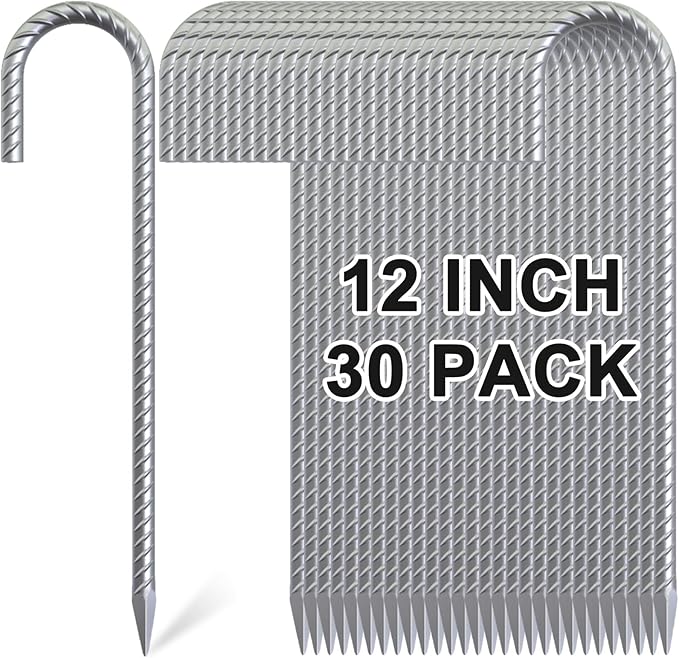 Rebar Stakes 12 Inch, 30 Pack Galvanized Metal Tent Stakes Heavy Duty Ground Stakes, J Hook Steel Fence Stakes for Ground, Outdoor Decoration, Wire Fencing, Gardening-Ruum Studio Home