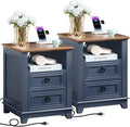 18" Farmhouse Night Stands Set of 2 with Charging Station, 2 Drawers End Table Dresser for Bedroom, Blue Wooden Nightstand, Bed Side Table with Open Shelf, Bedside Cabinet for Living Room-Ruum Studio Home
