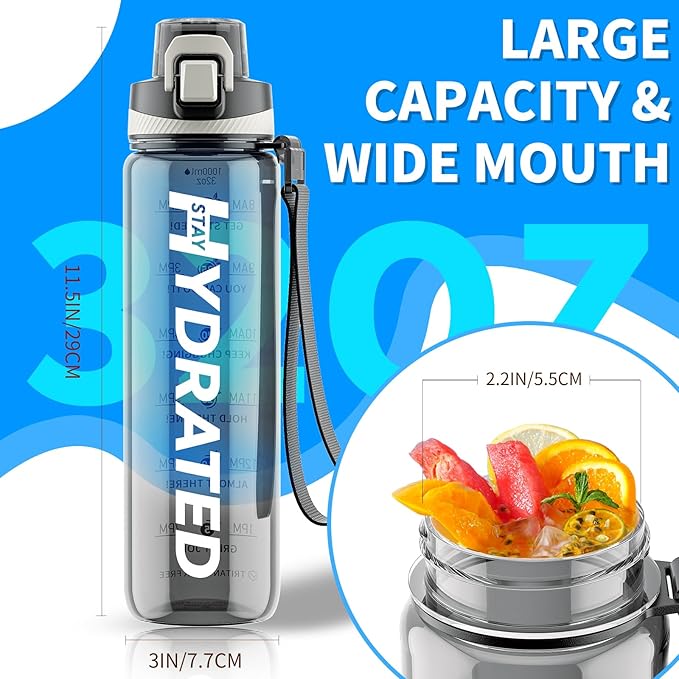 Water Bottle, 32 oz Motivational Water Bottles with Time Marker-Tritan & BPA Free, Sports Water Bottle with Time to Drink & Strap, Wide Mouth, Leakproof -Gift for Christmas Gym Fitness & Outdoor-Ruum Studio Home