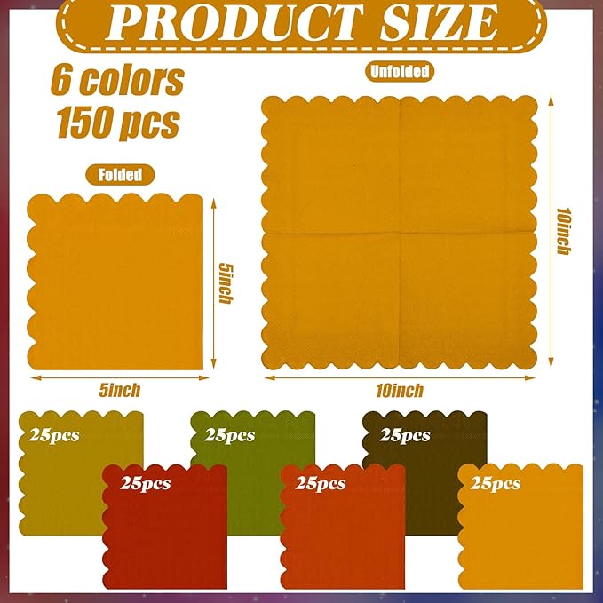 150 Pcs 5 x 5 Inches Fall Thanksgiving Paper Napkins Scalloped Cocktail Napkins Disposable Autumn Harvest Party Supplies Dessert Beverage Bathroom Table Dinner Wedding Decor-Ruum Studio Home