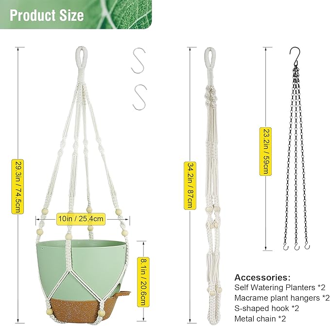 10 inch Self Watering Hanging Planters for Indoor Plants, 2 Pack Hanging Baskets for Outdoor Plants, Hanging Flower Pots with Drainage Holes & 2 Kinds of Plant Hangers for Home Decor, Green-Ruum Studio Home