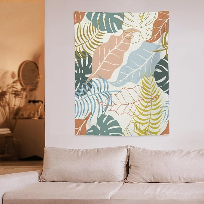 ICMOLYYENLO Boho Green Leaves Tapestry, Mid Century Abstract Tropical Palm Leaves Modern Minimalist Geometric Wall Hanging, Neutral Home Decor Art for Living Room Bedroom Dorm 40x60 Inch-Ruum Studio Home